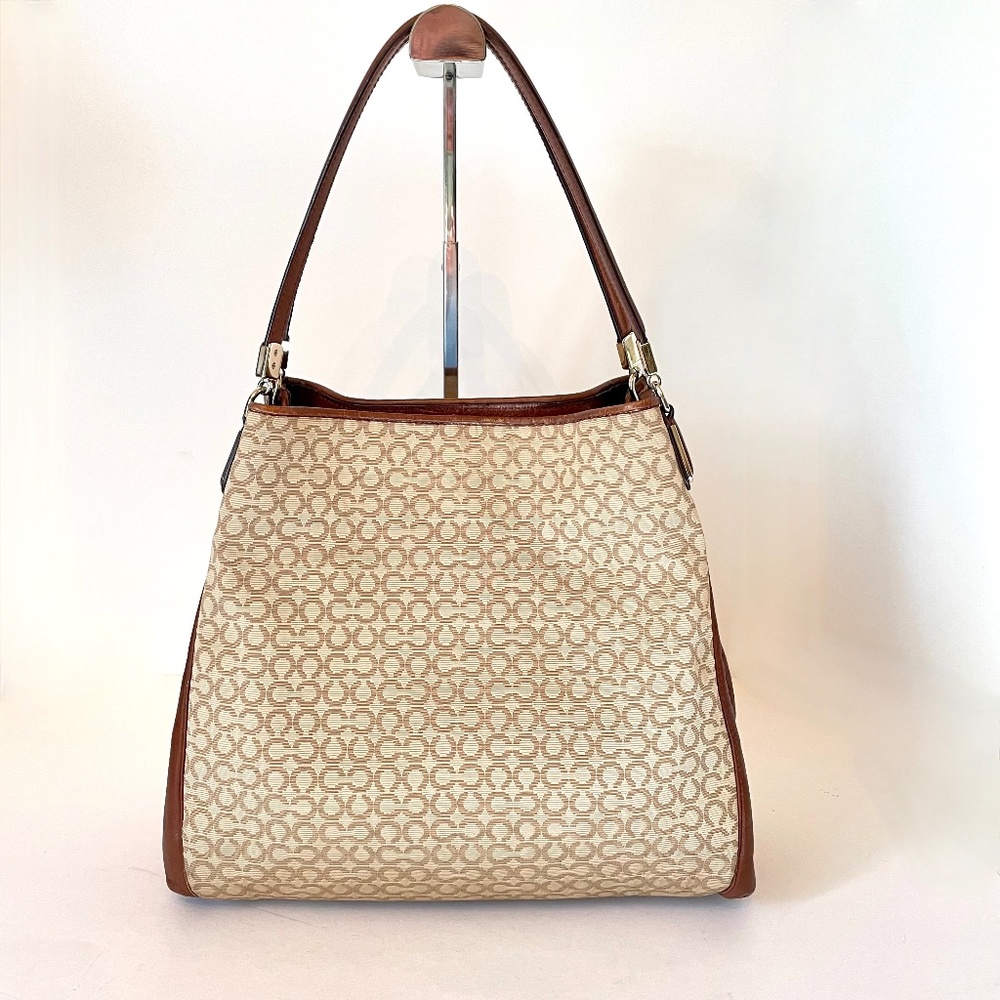 Coach Madison Needlepoint Op Art Phoebe Khaki Brown Leather Shoulder Bag